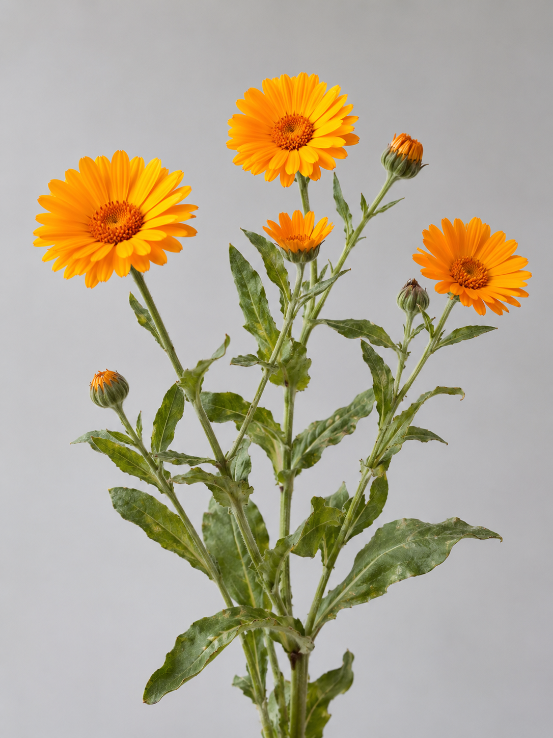 Calendula officinalis showing orange flower heads, green leaves, and branching stems