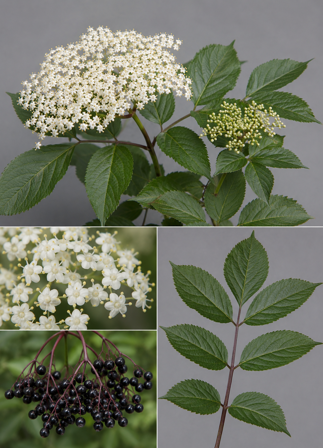 European black elder, Sambucus nigra, showing pinnate leaves, white flower clusters, and ripe black fruit