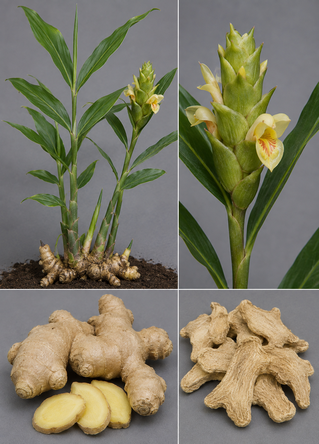 Zingiber officinale showing leafy pseudostems, cone-like inflorescence, and branching aromatic rhizome