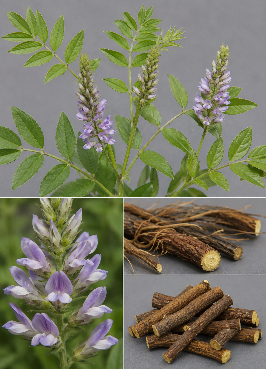 Glycyrrhiza glabra showing pinnate leaves, pale violet pea-like flowers, pods, and yellow-centered roots