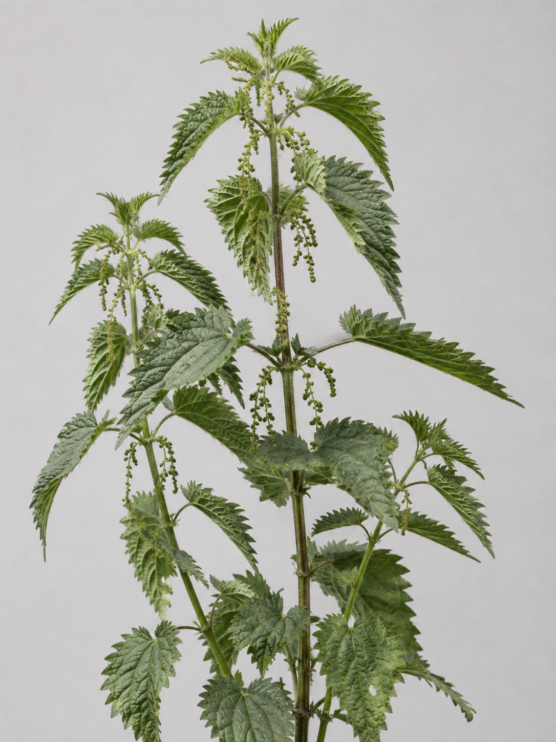 Stinging nettle, Urtica dioica, showing opposite serrated leaves and stinging hairs