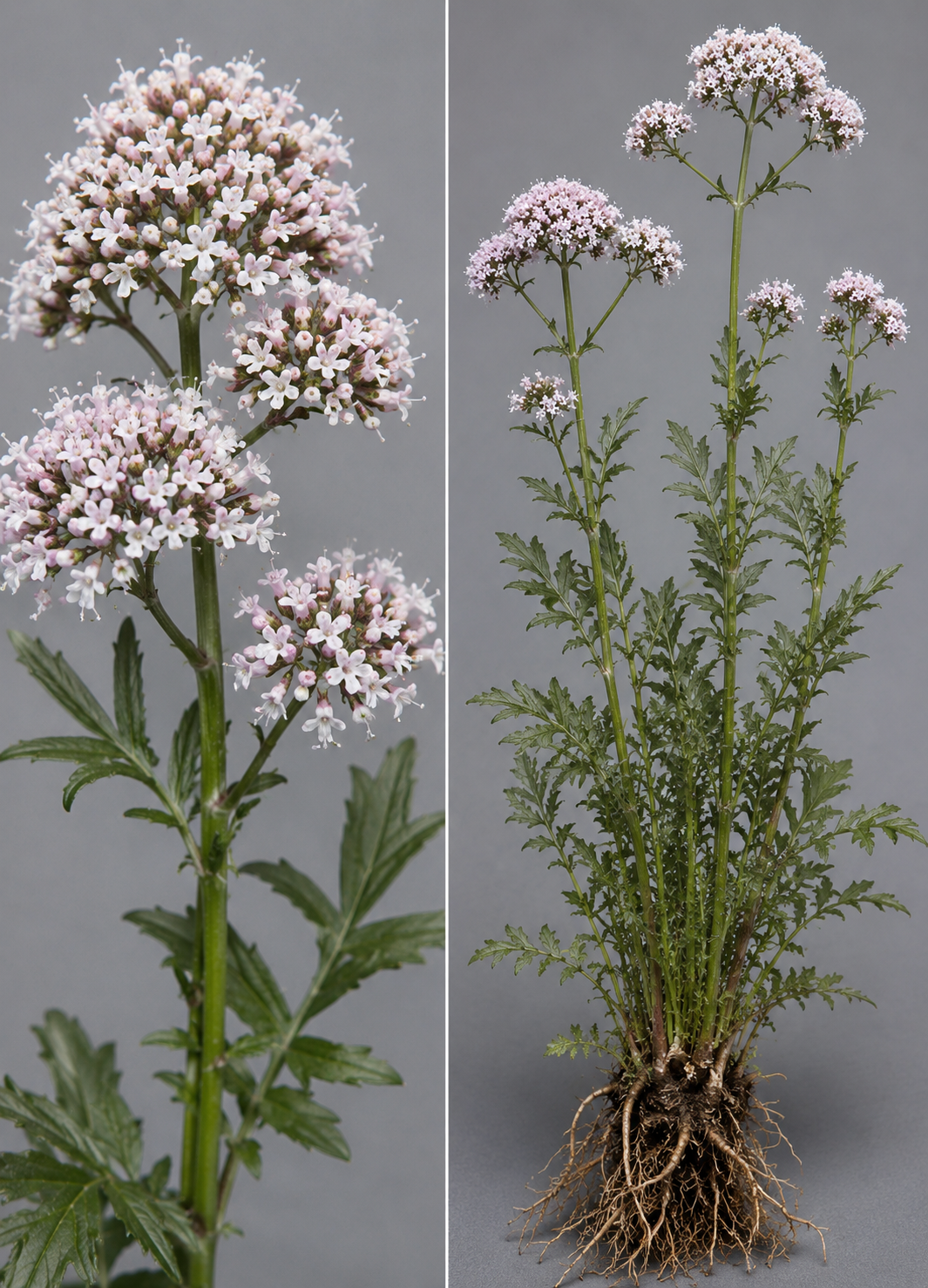 Valeriana officinalis showing pinnate leaves, pale flower clusters, and the medicinal root and rhizome